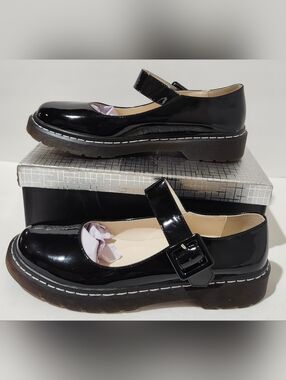 Odetina Black Chunky Mary Jane Platform Flats Shoes with Buckle Size 10
